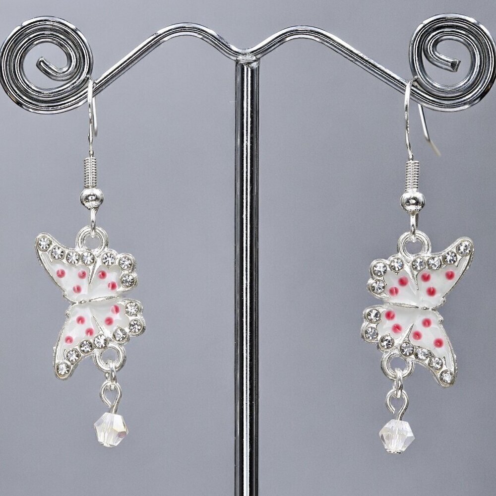 Butterfly Polka Dot Drop Earrings Silver Pink | Handmade - Picture 5 of 5